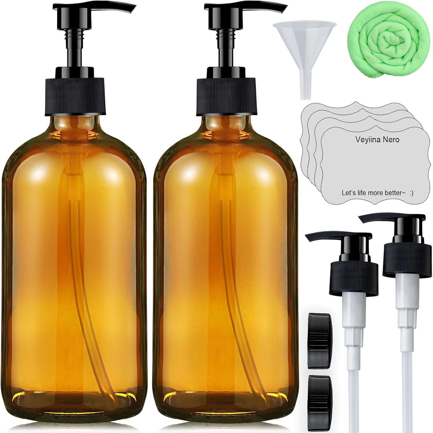 Glass Soap Dispenser 16 Oz - Empty Bottles Set with Black Pumps & Lids & Lables