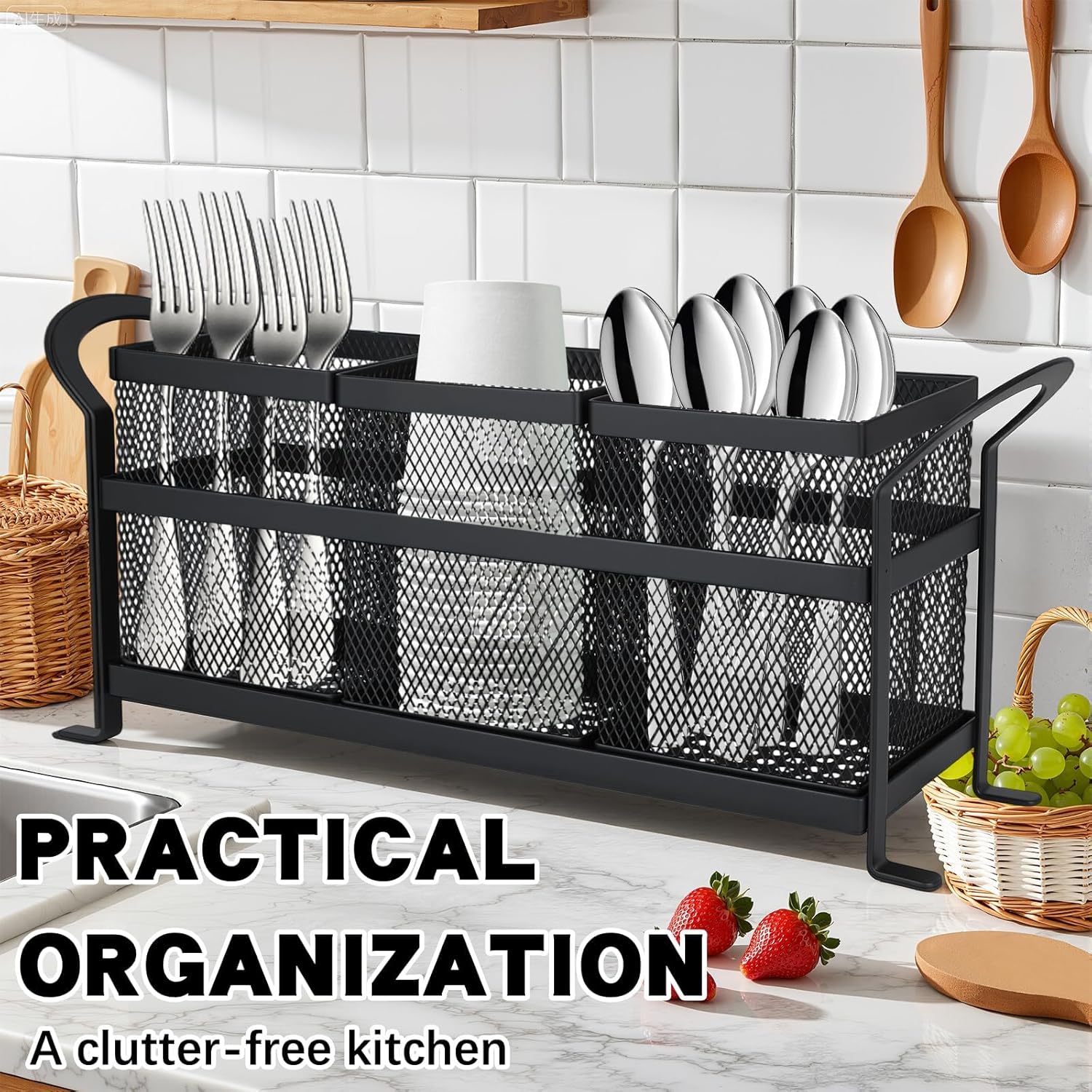 3 Compartment Kitchen Utensil Holder, Metal Mesh Silverware Caddy for Countertop Organization - Image 7