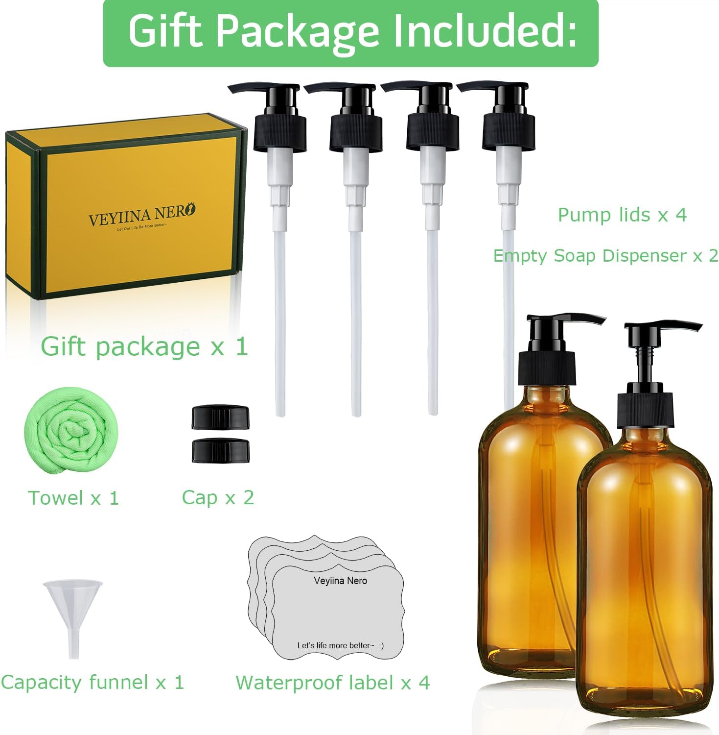 Glass Soap Dispenser 16 Oz - Empty Bottles Set with Black Pumps & Lids & Lables - Image 5