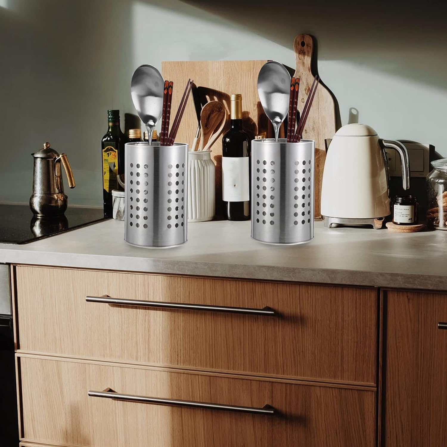 2PCS Stainless Steel Utensil Holder, Flatware Holder Utensil Sink Drying Rack Cutlery Basket,Stainless Steel Dotted Design - Image 3