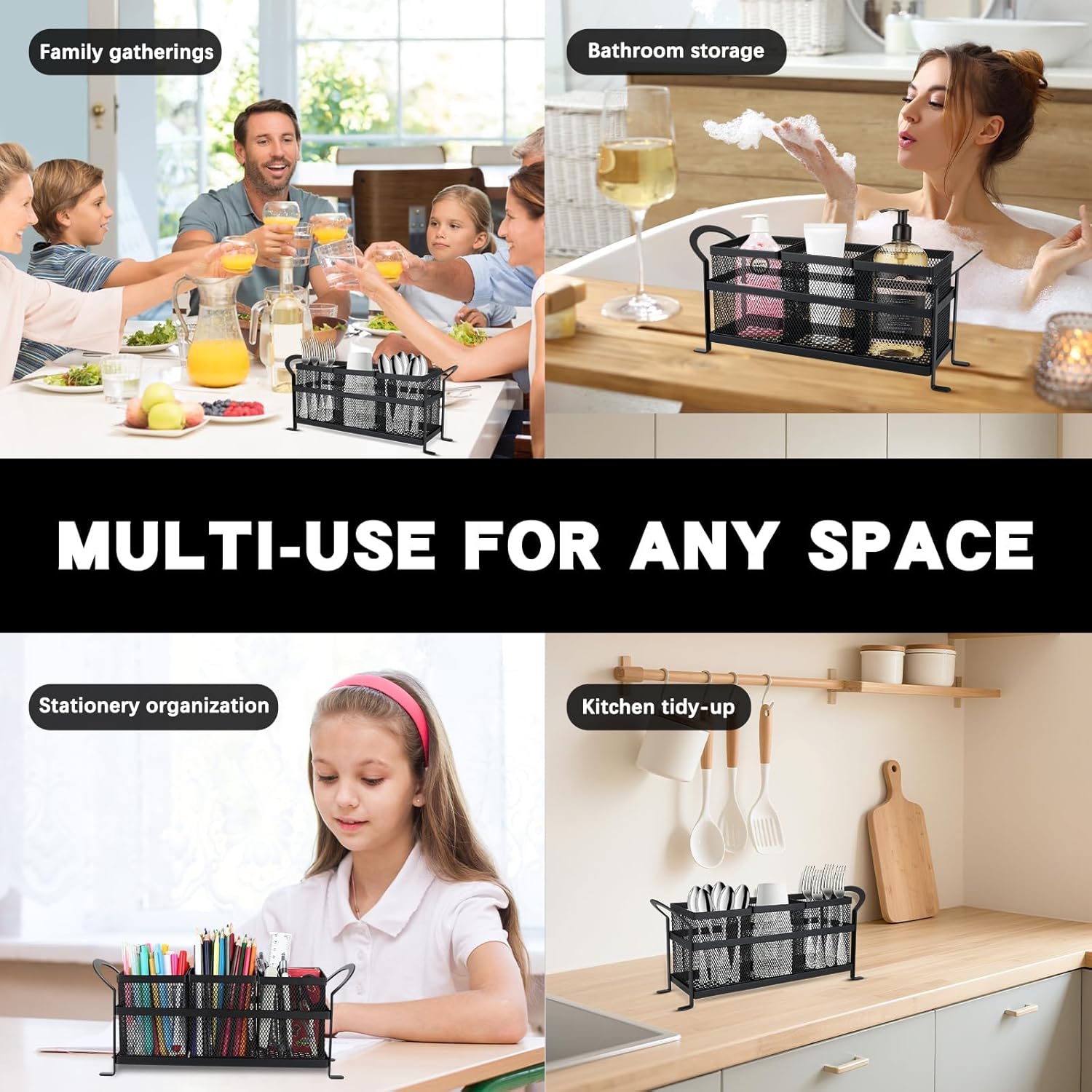 3 Compartment Kitchen Utensil Holder, Metal Mesh Silverware Caddy for Countertop Organization - Image 3