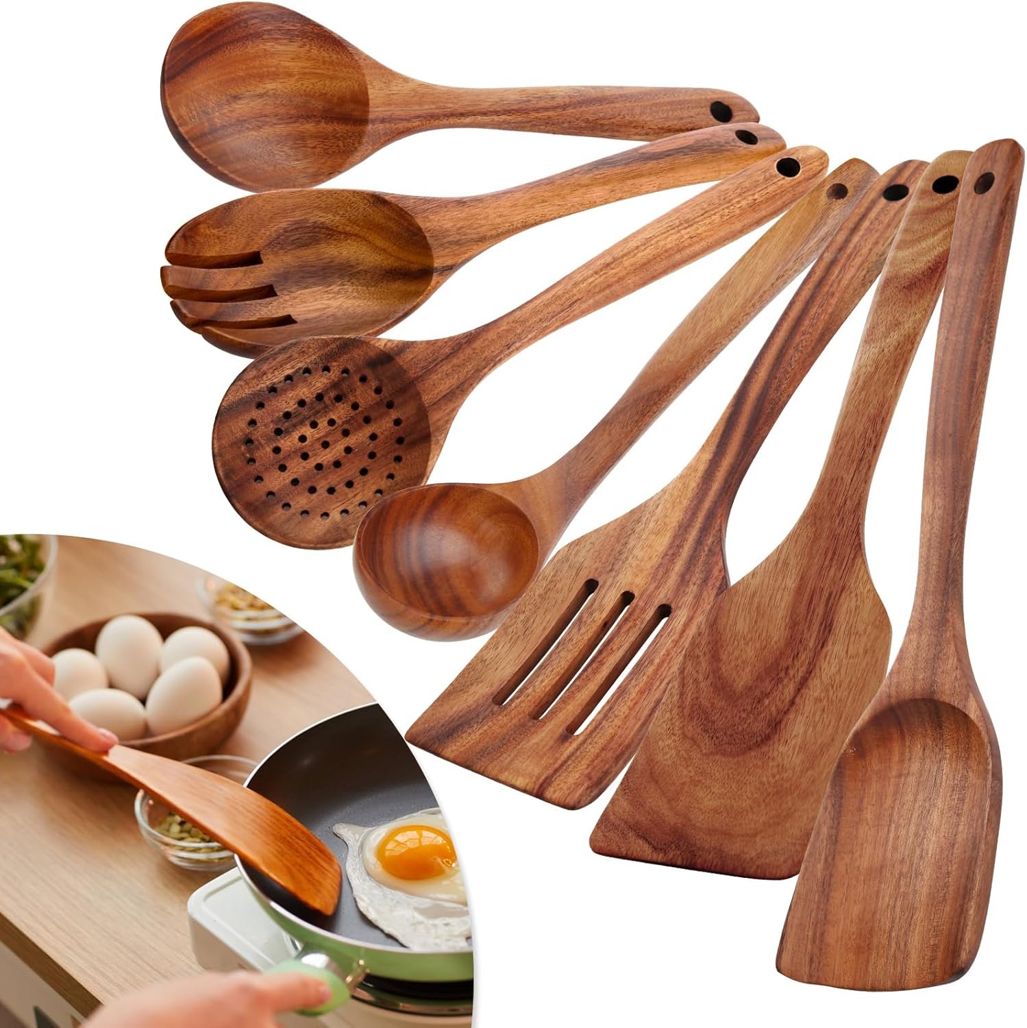 7pcs Wooden Spoons for Cooking, Utensil Set with Hanging Hooks